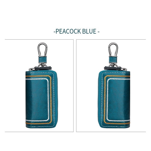 SUGUANGHUI Genuine Leather Car Key Fob Case Holder for Men and Women, Double Zipper Key Case Bag, with Embroidery Thread