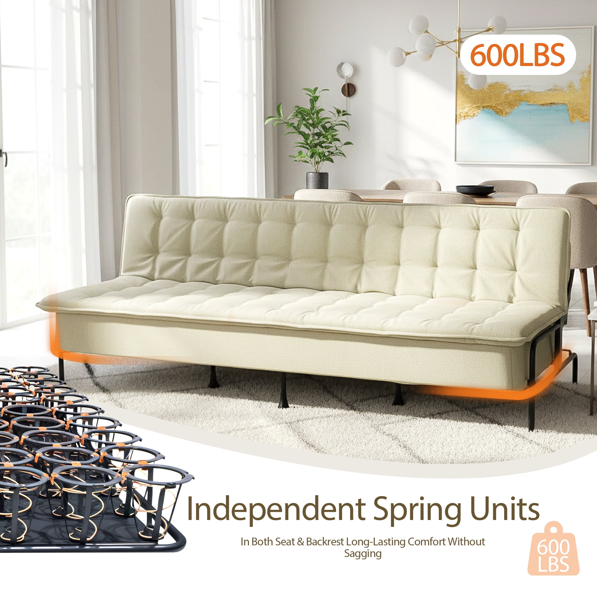 Homy Casa 3-Seat Armless Sofa Bed with Independent Spring Seat & Adjustable Backrest, 600 lbs Capacity