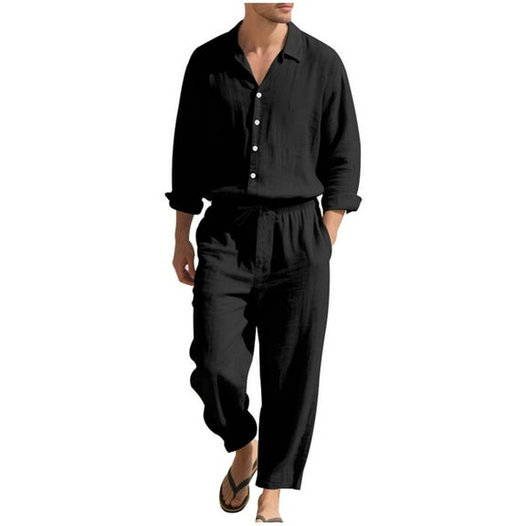 Xzbqbs Mens Casual Tracksuit 2 Pieces Cotton Linen Set Casual Button Down Polo Shirts Beach Yoga Pants Summer Beach Outfits Sets