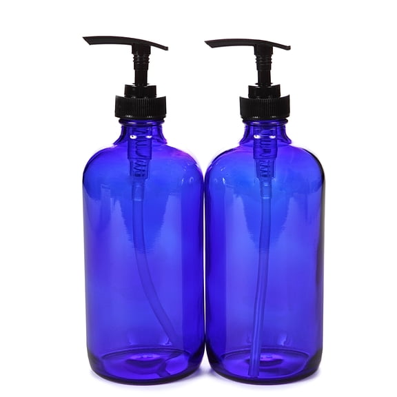 2, Large, 16 oz Cobalt Blue Glass Bottles with Lotion Pumps