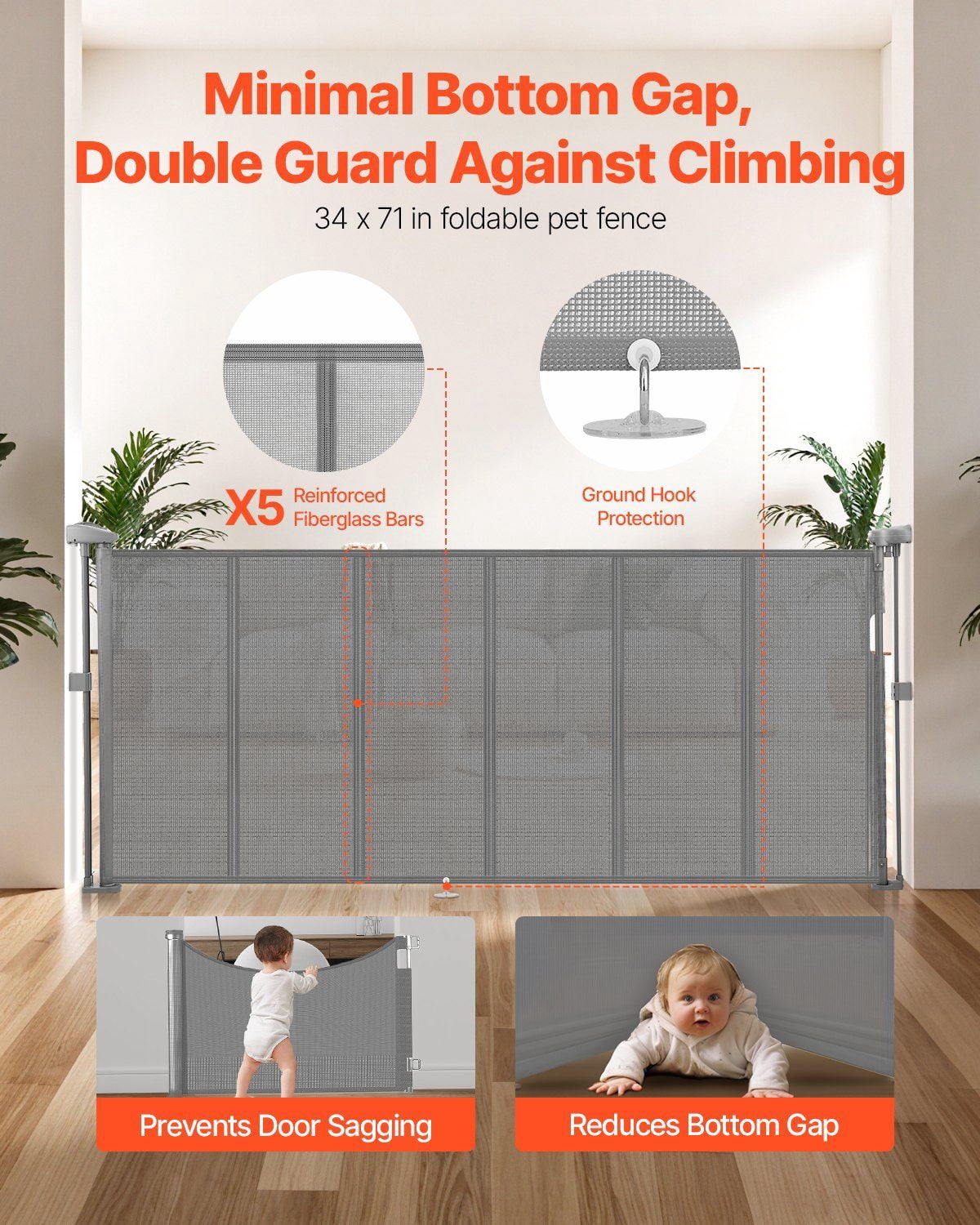 Retractable Baby & Pet Gate - 34 Inches High, Extends to 71 Inches Wide, Gray (Durable, Space-Saving Design)