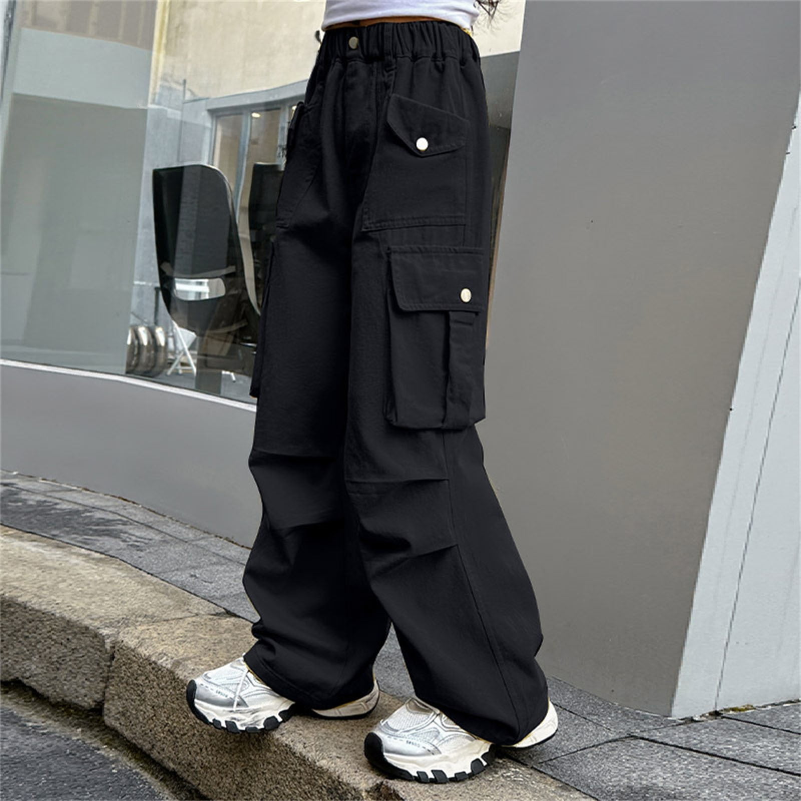 Women's Baggy Wide Leg Loose Cargo Pants Y2K Clothing Multi-Pocket Relaxed Fit Jeans Fairy Grunge Clothes Alt Emo Streetwear Kids Pants (12-13 Years, Black)
