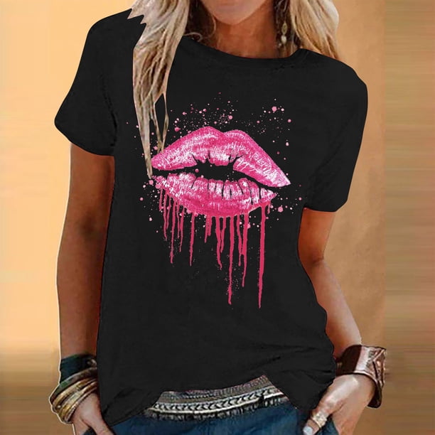 Fiudx Tops para Mujer Blusa de Manga Corta con Cuello Redondo y Estampado a La Moda para Mujer