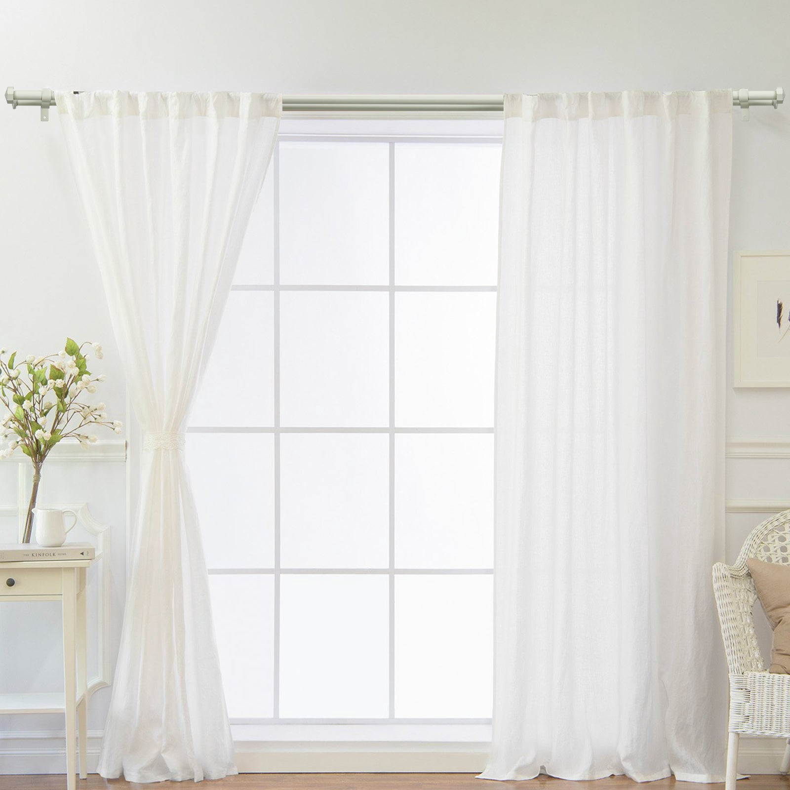 Ridicili 5/8" Telescoping Double Curtain Rods with Octagonal Finials, Weathered White,,48"-84", 5/8 Inches Front and 1/2 Inches Back Double Window Drapery Rod