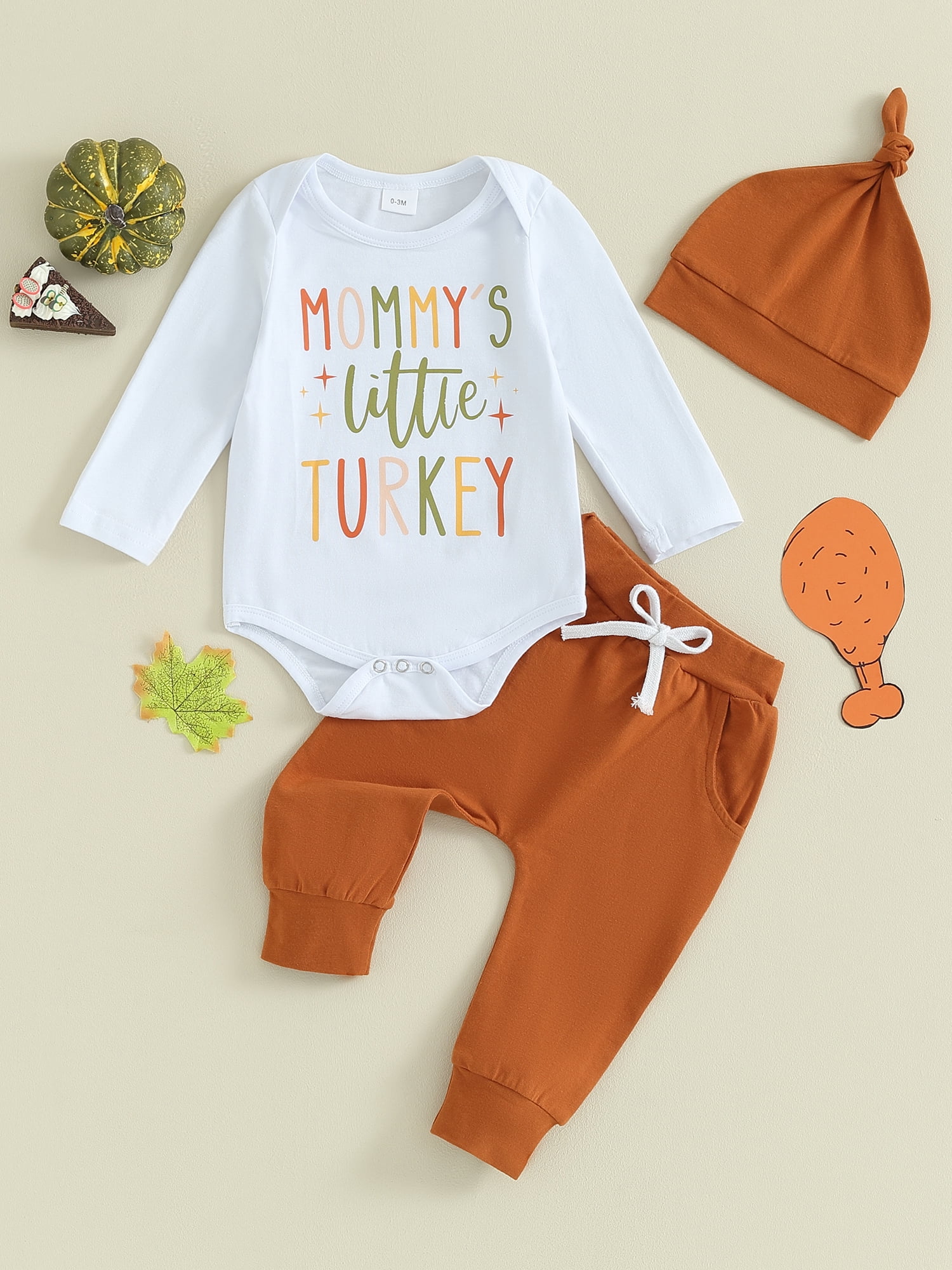 Newborn Baby Boy Girl Thanksgiving Outfit Mommy and Daddys Little Turkey Romper Onesie Pants Hat Fall Winter Clothes