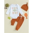 thumbnail image 2 of Liacowi Baby Boys Thanksgiving Outfits Set Long Sleeve Letter Print Romper Drawstring Pants Hat Sets 3M 6M 12M 18M Newborn Boys 3PCS Fall Winter Clothes, 2 of 9