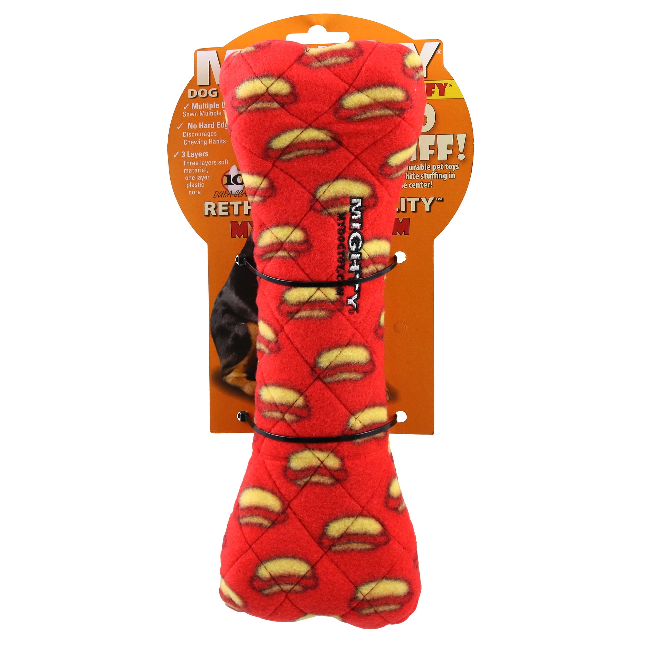 Mighty Bone Red Durable Squeaky Plush No Stuff Dog Toy