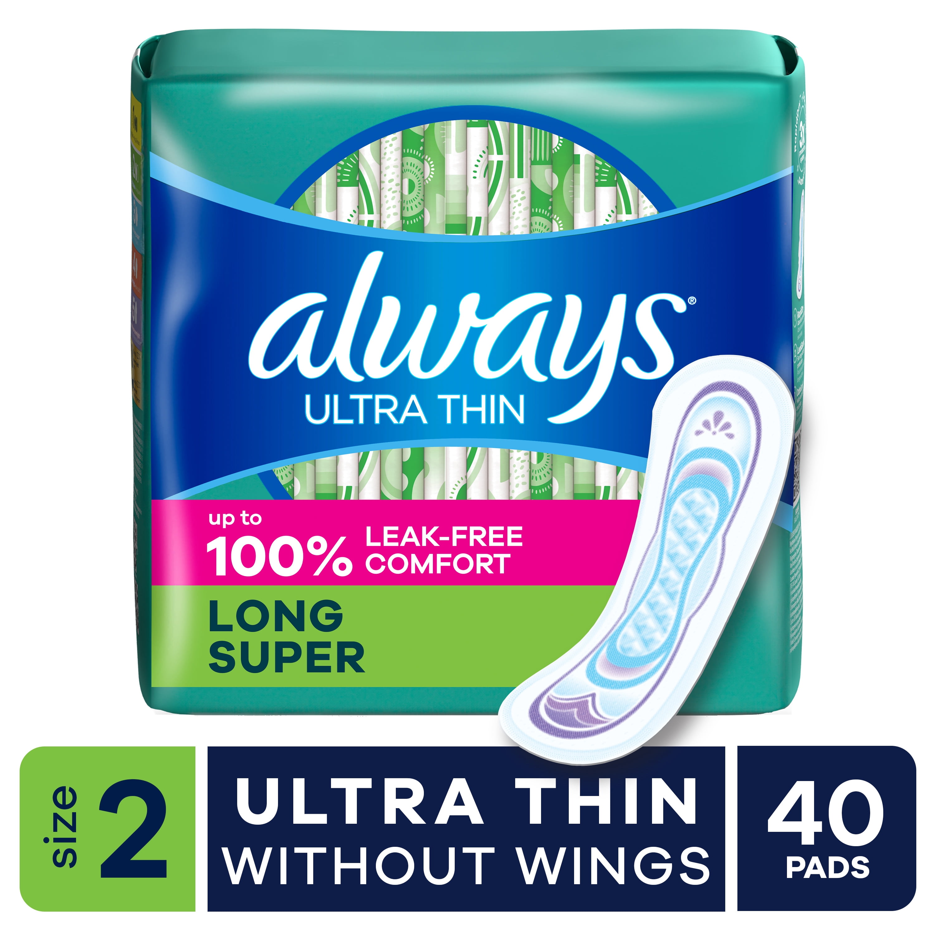 (3 pack) Always Ultra Thin Pads Without Wings, Size 2, Long Super Absorbency, 40 Count