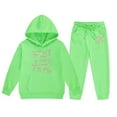 thumbnail image 4 of Baby Girl Fall Winter Outfits Soft Long Sleeve Letter Print Hoodie Pullover Tops and Pants Kids 2pcs Outfits Fall Winter Suit Light Green,6-7 Years, 4 of 4