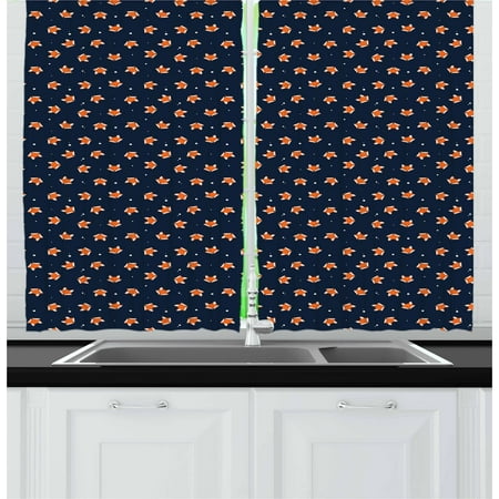 Navy And Orange Living Room Fox Curtains 2 Panels Set, Orange Small Forest Animal Portraits Pattern on Abstract Dotted Blue Backdrop, Window Drapes for Living Room Bedroom, 55W X 39L Inches, Navy Blue Orange, by Ambesonne ()