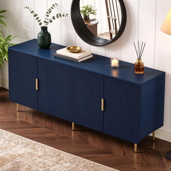 Entrintou 64.8"Fluted Sideboard Buffet Cabinet,4 Door,6 Center-Support Legs,150 lb Top, For Dining Room, Living Room,Navy Blue with Gold Hardware