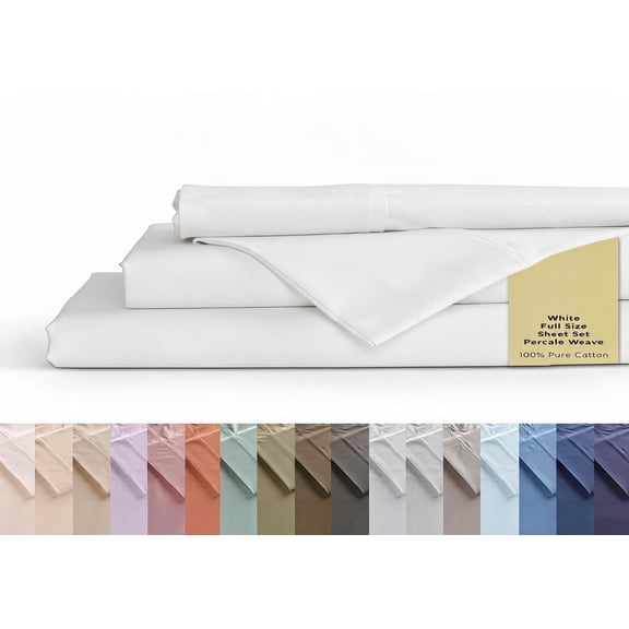100% Cotton Percale Sheet Set Full Size White Deep Pocket 15 Inch Fitted Sheet Flat Sheet and 2 Pillowcases