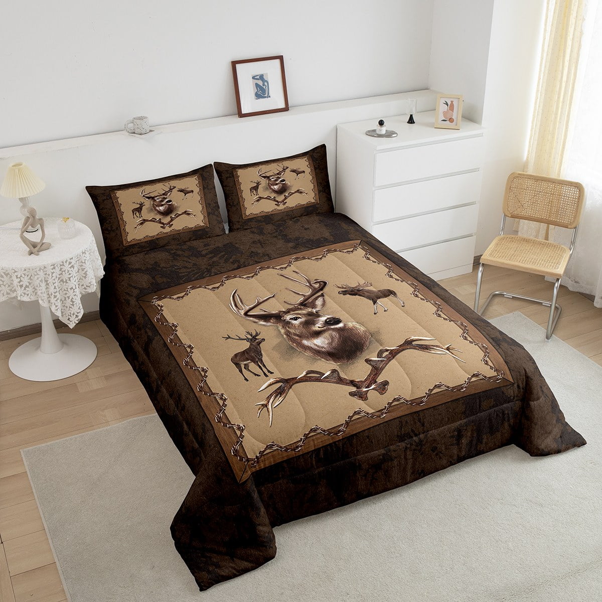 Erosebridal Farmhouse Deer Comforter Sets Southwestern Bedding Set Full Size Rustic Hunting Animal Quilt Moose Deer Down Comforter with 2 Pillow Sham Bedroom Decor