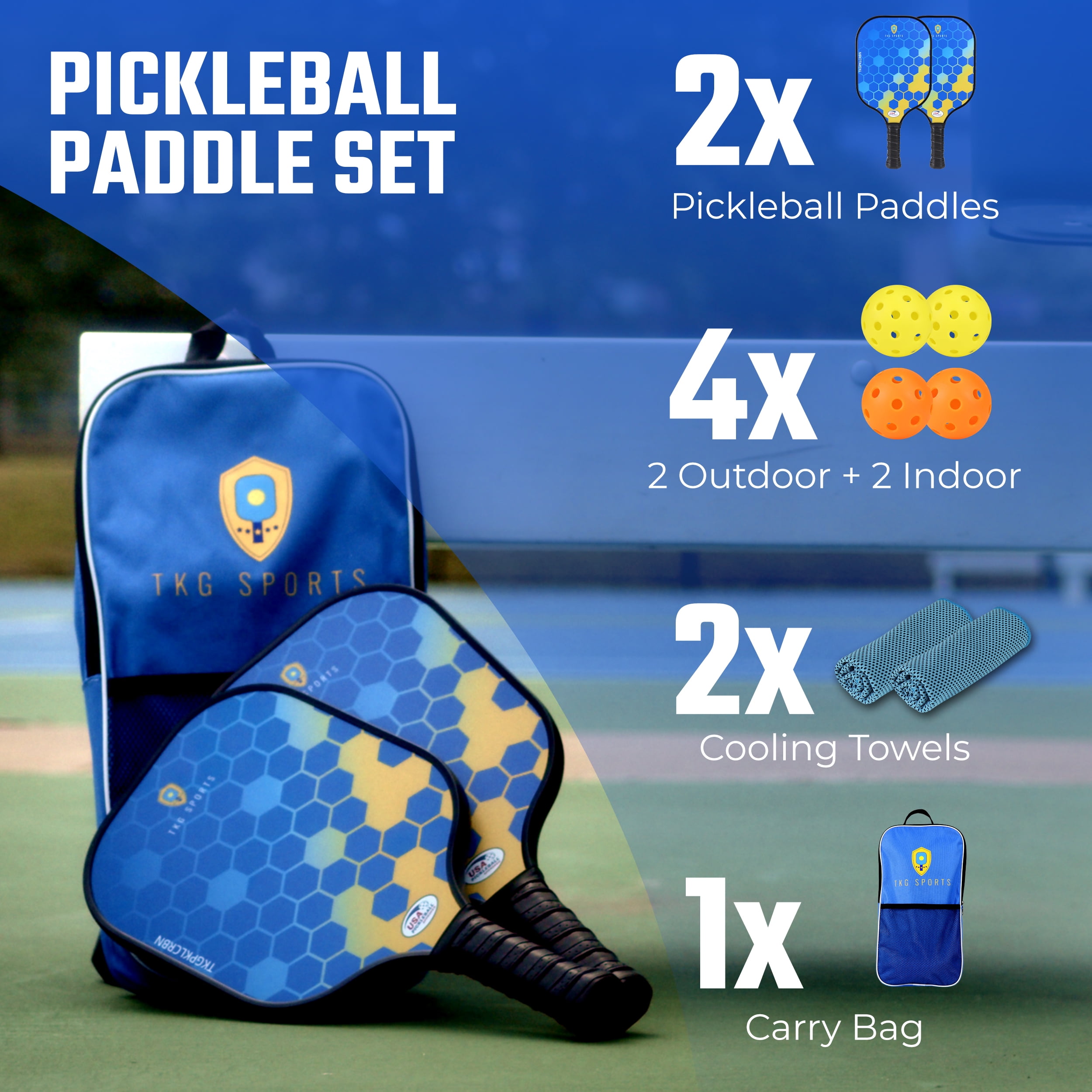 TKG Sports 14mm Carbon Fiber Pickleball Set with Bag - 2 USAPA Pickleball Paddles, 2 Indoor and 2 Outdoor Pickleball Balls, 2 Cooling Towels - Pickleball Rackets for Adults and Teens