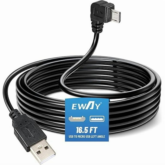 Dash Cam Mircro USB Power Cord 16.5ft, USB 2.0 A to Micro-B Left Angle 90 Degree Replacement Power Supply Cable Car Charger Adapter USB Connector for Dashcam, Dash Board Recorder Recording Camera
