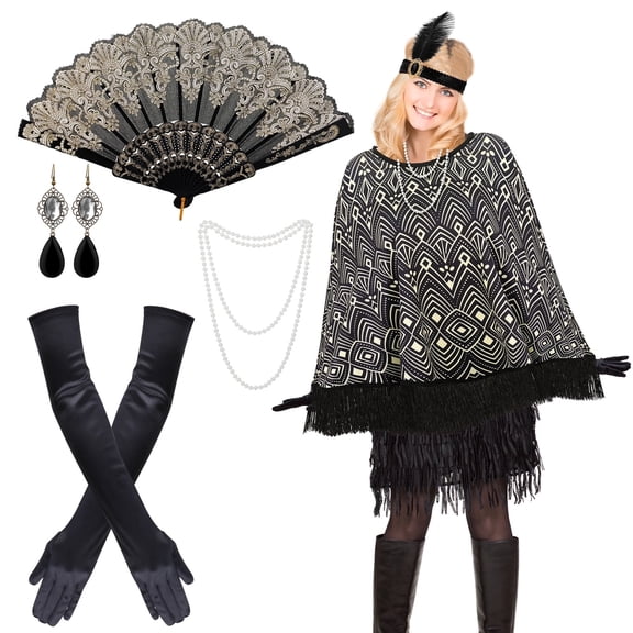 sixwipe 8 Pcs 1920s Flapper Accessories Set for Women, Roaring 20s Accessories with Vintage Dress Shawl, 1920s Women Outfits Costume for Women Cosplay Party Favor Bachelorette Party