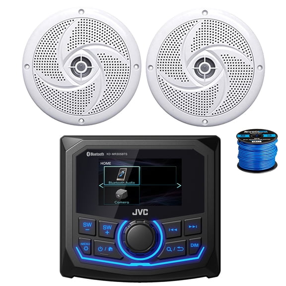 JVC KD-MR305BTS Marine 2.7" Bluetooth AM/FM/Weatherband Radio Receiver, 2x 5.25" 180 Watt 2-Way Slim Low Profile Audio Speakers (White) w/ Wire