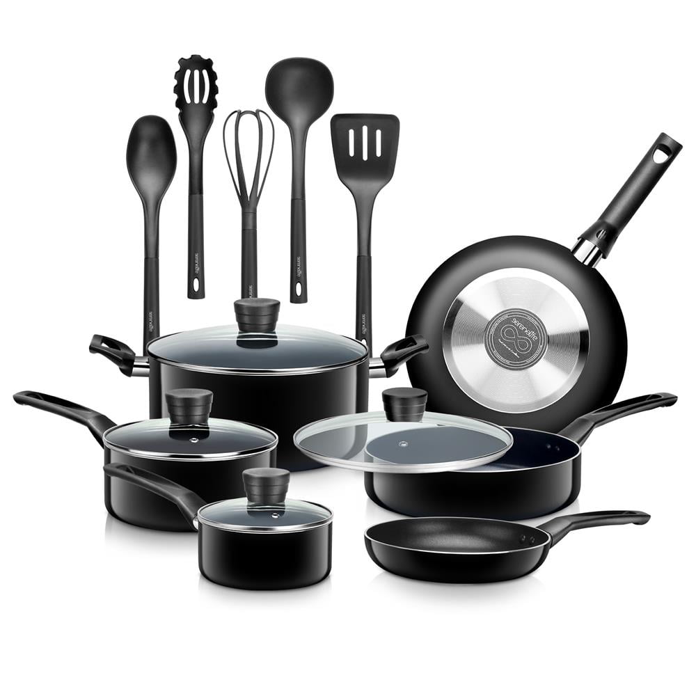 SereneLife Kitchenware Pots & Pans Basic Kitchen Cookware, Black Non-Stick Coating Inside, Heat Resistant Lacquer (15-Piece Set), One Size