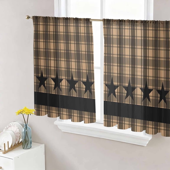 Brown Black Plaid Semi Sheer Window Curtains 54 Inches Long, Vintage Rustic Star Buffalo Check Rod Pocket Voile Chiffon Curtain Light Filtering Drapes for Living Room, Kitchen, 52"x54", 2 Panels