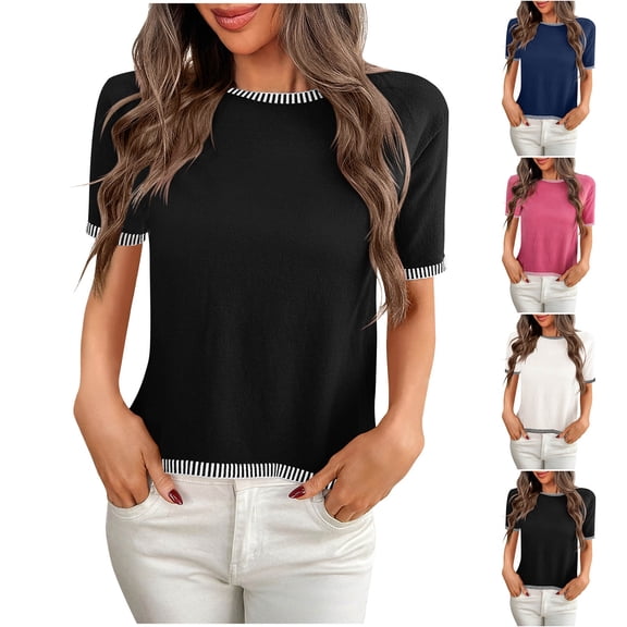 FRSASU Womens Tops Business Casual Knitted Sweaters Short Sleeve Shirts Crew Neck Spring Summer Tops for Women Loose Fit White