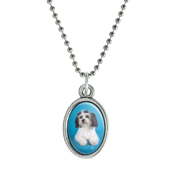 Maltese Papillion Puppy Dog Cool Sunglasses Shades Antiqued Oval Charm Pendant with Chain