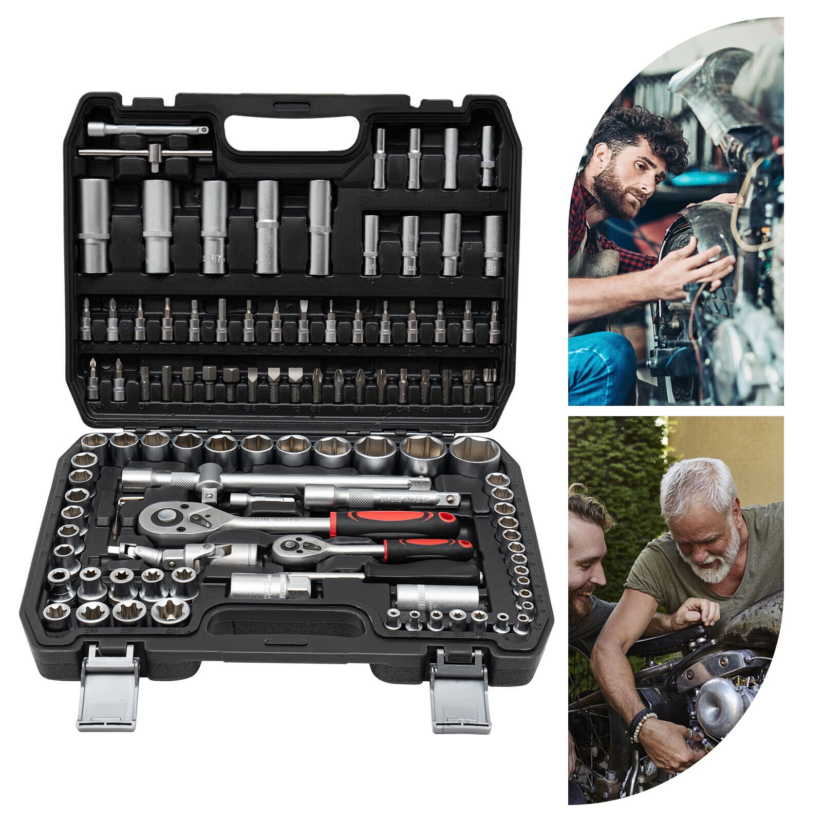 Ratchet Wrench 108Pcs Mechanical Tools Kit Metric 1/4 And 1/2 Drive Socket Set, Carbon Steel, #45 Steel, PP