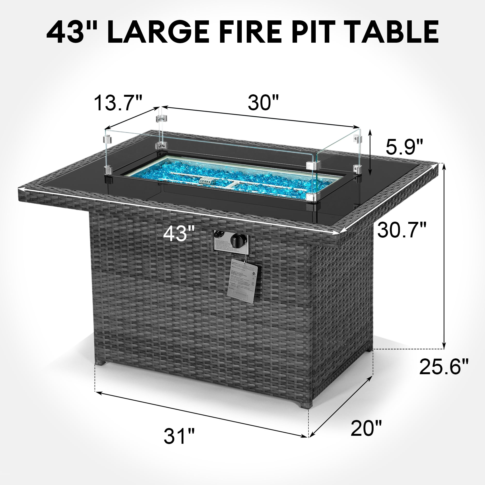 RADIATA 43'' Outdoor Patio Propane Gas Wicker Smokeless Fire Pit Table, 60000 BTU 8mm Tempered Glass Tabletop & Blue Stone,CSA Certification