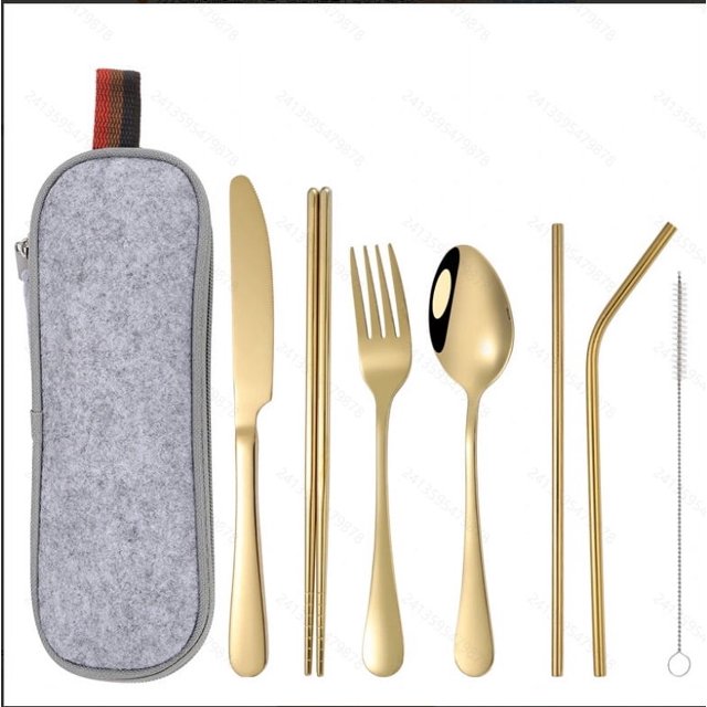 Combinación de vajilla portátil de acero inoxidable 1010 con revestimiento de titanio, cuchillo, tenedor, cuchara, palillos y pajita