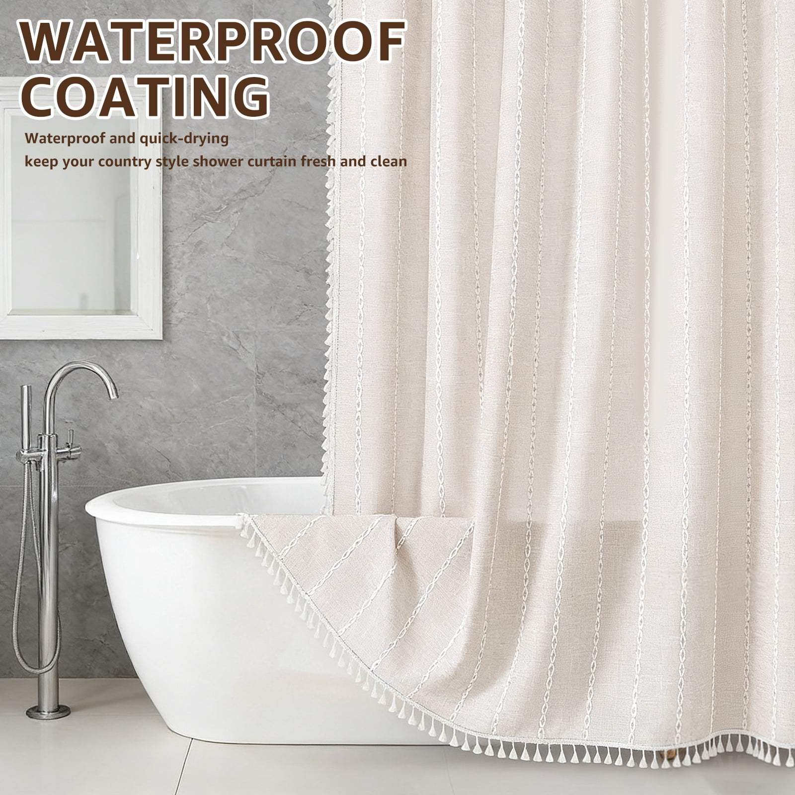 Dznils Boho Tassel Shower Curtain with Hooks, Farmhouse Thick Cloth Linen Fabric Bathroom Curtain, Beige, 72" x 72"
