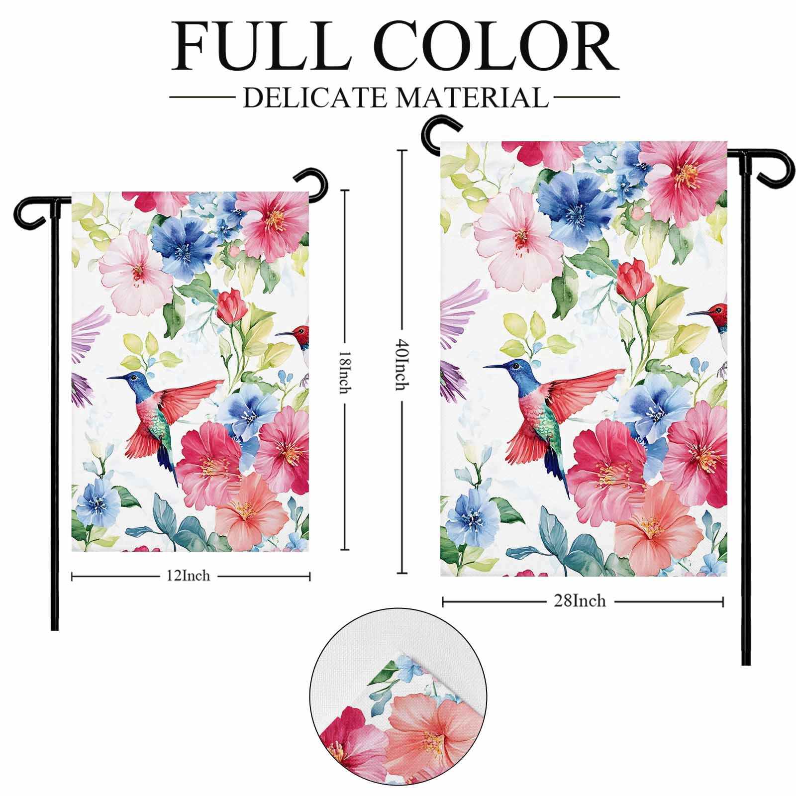 Garden Flag Double-Side Printed House Flag Hummingbird Yard Flag Watercolor Bird Flower Welcome Banner Decor Outdoor Holiday Decorations 28*40in