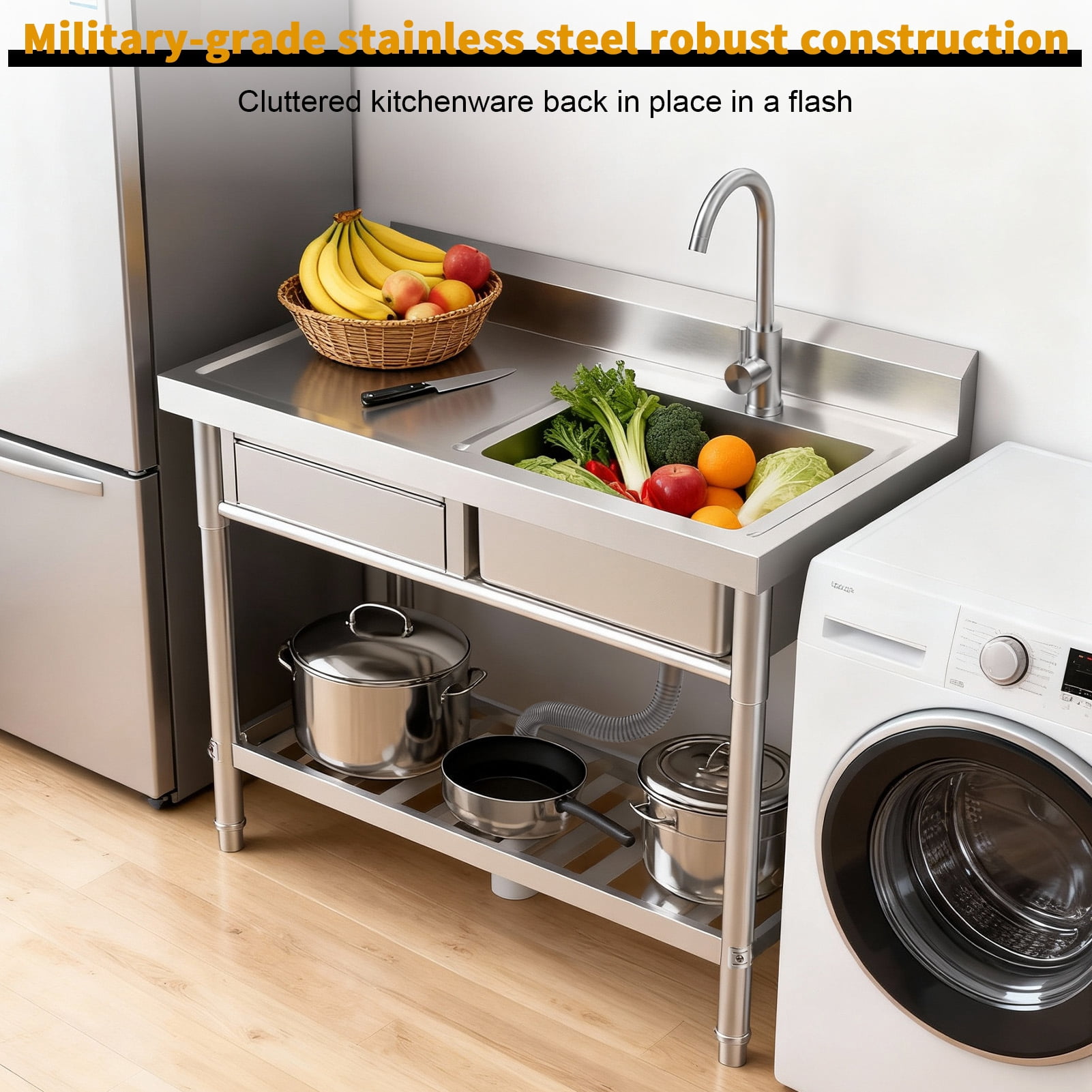 Thehsnt 39-Inch Stainless Steel Sink with Drawer & Shelf – Free Standing Utility Sink with Hot/Cold Faucet for Kitchen, Laundry, Outdoor