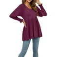 thumbnail image 5 of Seyurigaoka Women's V Neck Puff Long Sleeve Tunic Tops Casual Solid Color Smocked Cuffs Pleated Flare Babydoll Flowy Blouses Shirts, 5 of 7