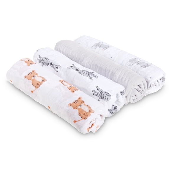 aden anais Essentials, Cotton Muslin Swaddle Blanket, Safari Babes, Unisex, Infants, 4-Pack