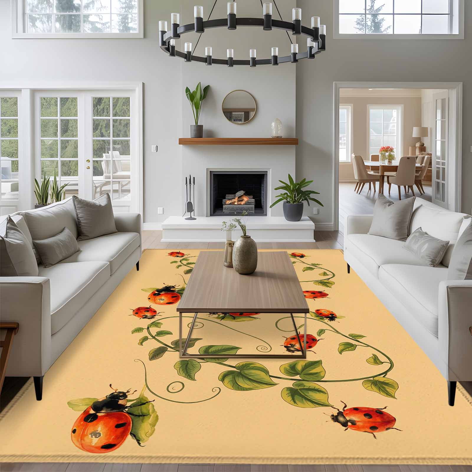 Ladybugs Eucalyptus Area Rugs 5'x7', Washable Small Throw Rugs for Laundry Room Playroom, Spring Botanical Leaves Yellow Indoor Outdoor Rug Non-Slip Low Pile Carpet Runner Reversible Floor Mats