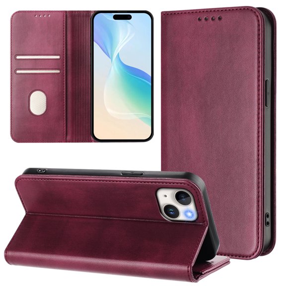 Allytechgroup for iPhone 14 Plus Case Folio Stand RFID Blocking [Wireless Charging] Magnetic Wallet Cover with Credit Card Holder/Card Cash Pockets/PU Leather & Soft TPU Shockproof Cover, Winered