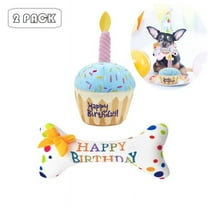 2 PACK Dog Birthday Cake Toy, Birthday Dog Bone Toy Plush Dog Squeaky Toy, 7.2 Inch Cute Bone Shape Stuffed Dog Chew Toys Puppy Teething Toys, Cupcake 8.66 Inch Dogs Party Plush Doggie Gift Toys