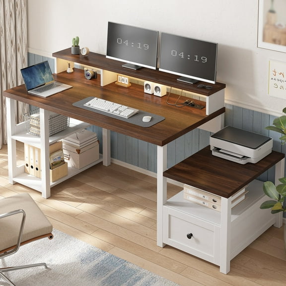 Romorgniz 60" Computer Desk Office Desk with Monitor Stand Home Office Desk with Drawers & 4 Open Storage Shelves Executive Desk with Power Outlets & LED Light for Working Writing, Brown&White