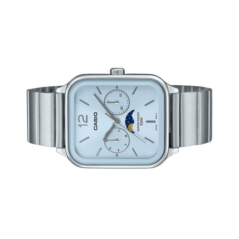 Casio Standard Analog Moon Phase Stainless Steel Baby Blue Dial