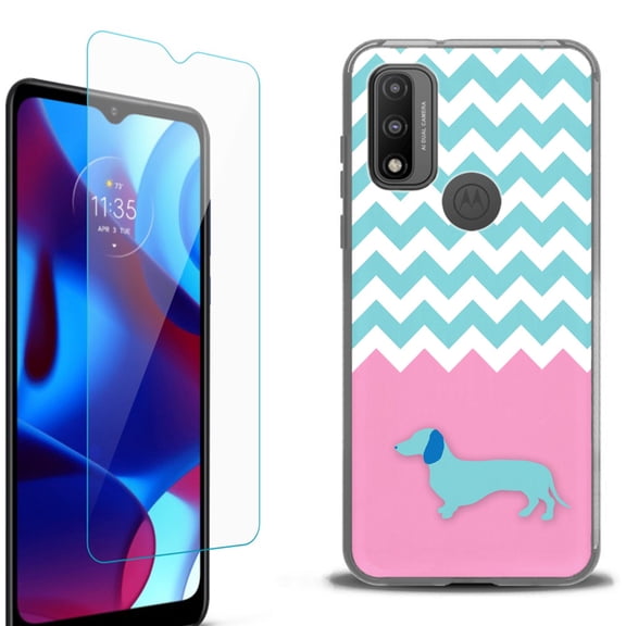 Slim-Fit Protective Phone Case (Black) compatible with Motorola Moto G Pure 5G, with Tempered Glass Screen Protector, by OneToughShield ® - Chevron/Dachshund/Puppy