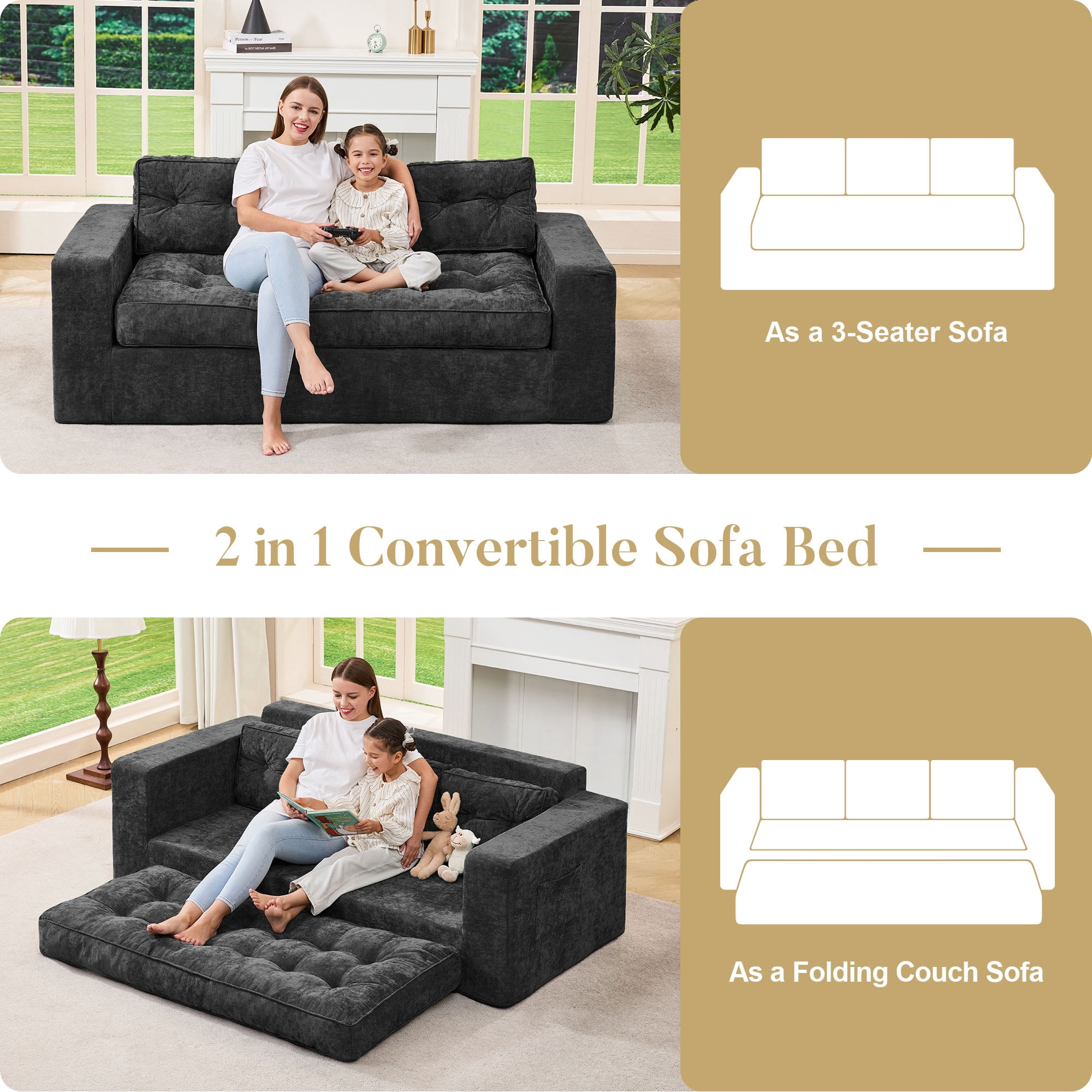 Hobestluk 3-Seater Sofa Boneless Couch with Tufted Button Design 2 in 1 Comfy Cloud Couch Oversized Sofa for Living Room Bedroom Apartment or Office (Grey, 3 Seater)