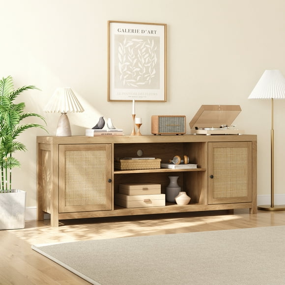 Alician Rattan TV Stand for 65 Inch, Boho Entertainment Center with Storage and Doors, Wood TV & Media Console Under TV Cabinet Furniture