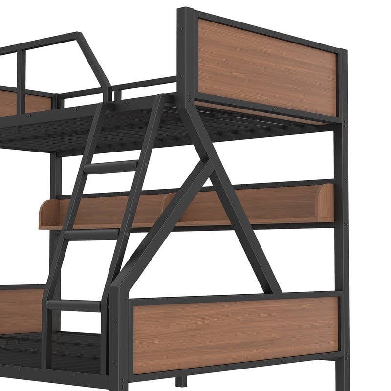 Full XL over Queen Size Metal Bunk Bed, Kids Teens Chic Bed Frame with Bedside Storage Shelves and LED Light Strip
