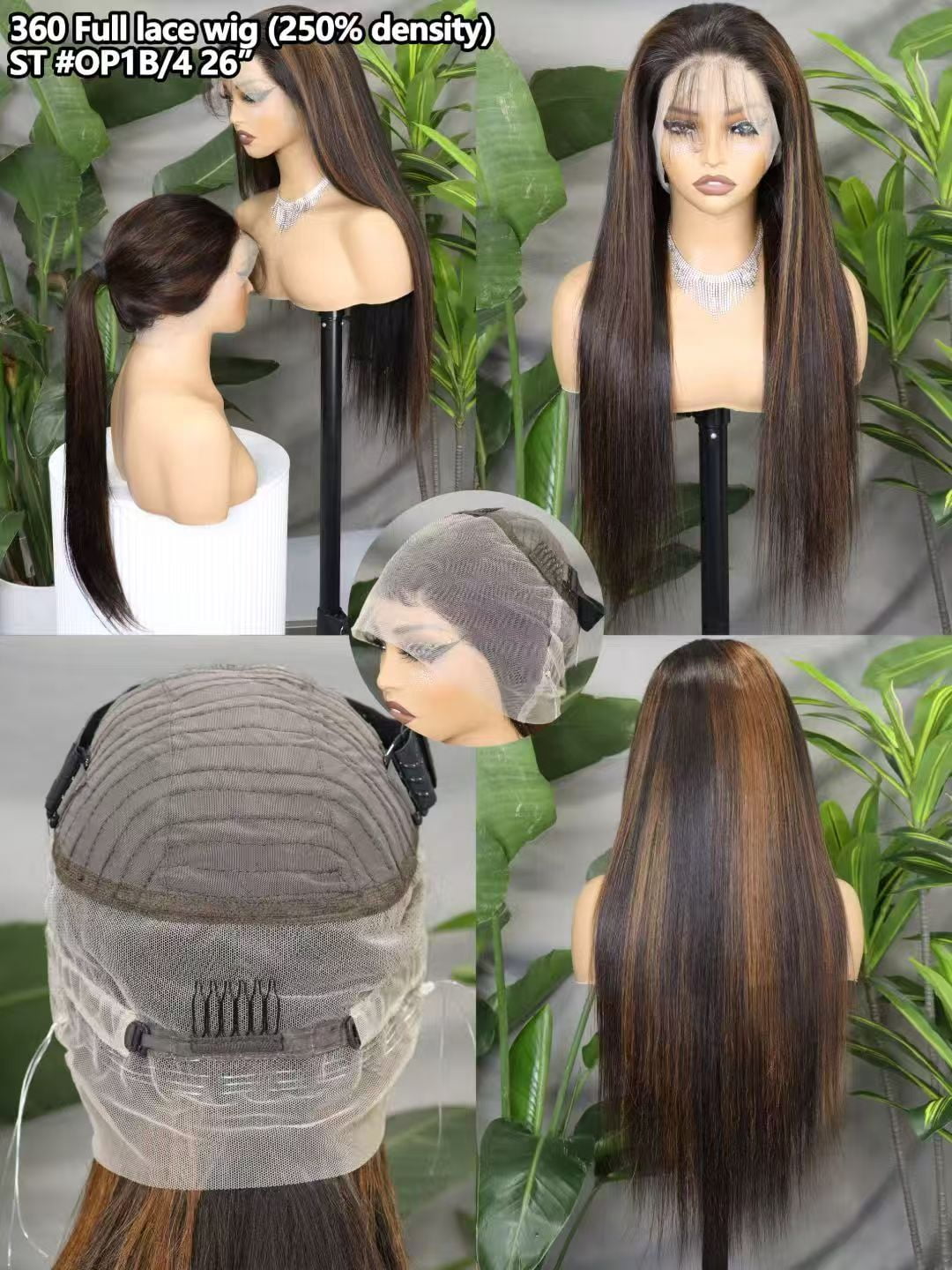 Hidden Strap Straight 360 Full Lace Front Wig Human Hair Glueless Wigs 26inch Pre Plucked 250% Density OP1B/4# HIGHLIGHT Color Wig With Drawstring HD Full Lace Human Hair Wigs