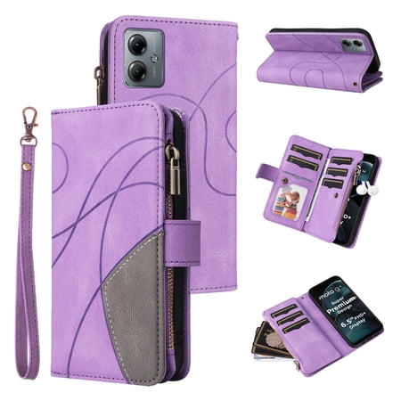 Wallet Case for Moto G14 (2023) 4G LTE, PU Leather Zipper Storage Bag Kickstand Shockproof Flip Cover for Moto G14 (2023) 4G LTE