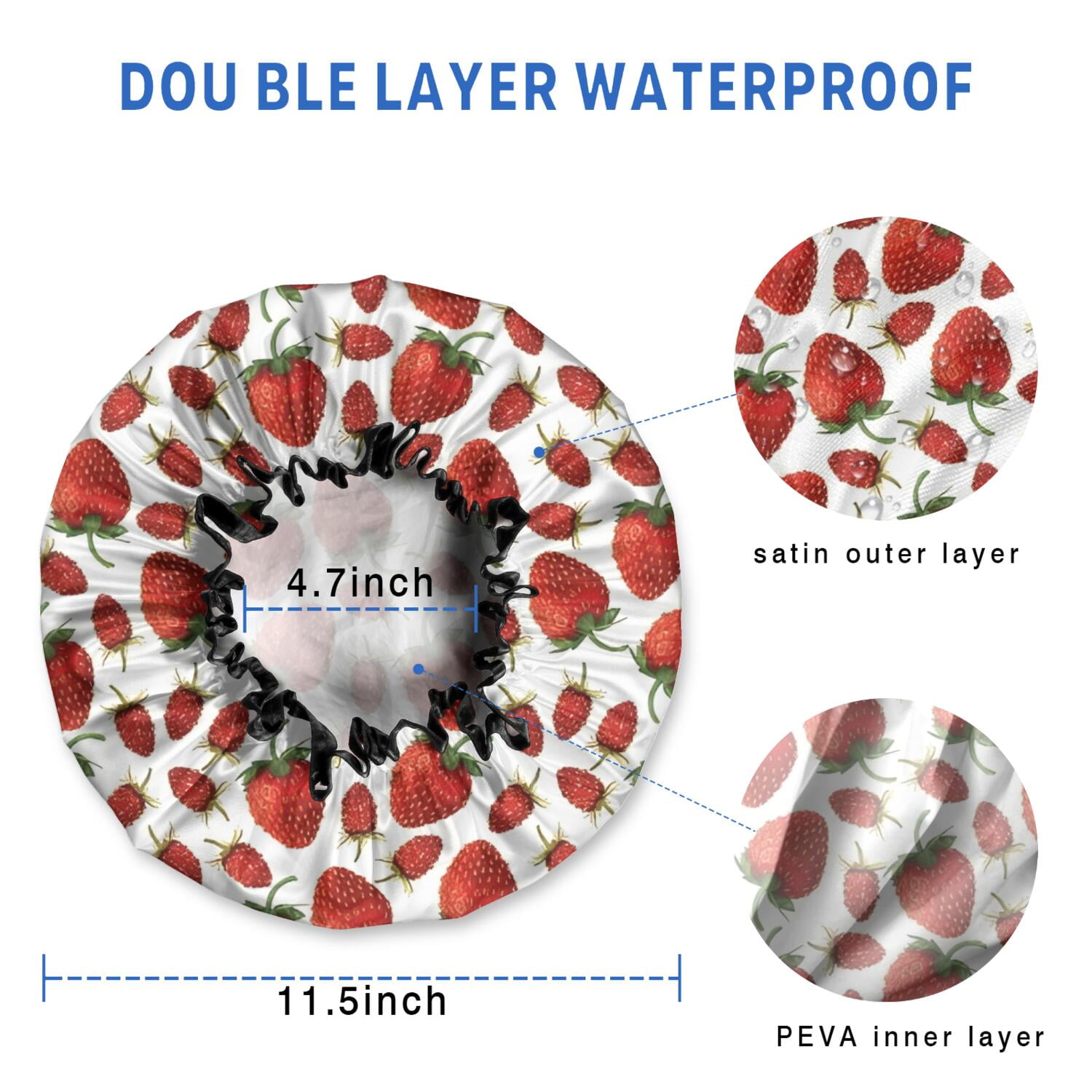 Shower Caps,Red Strawberry Plants Fruit White Pattern Waterproof Shower Cap for Women 4 Pieces,Double Reusable Hair Cover for Shower PEVA Elastic Stretch Hem