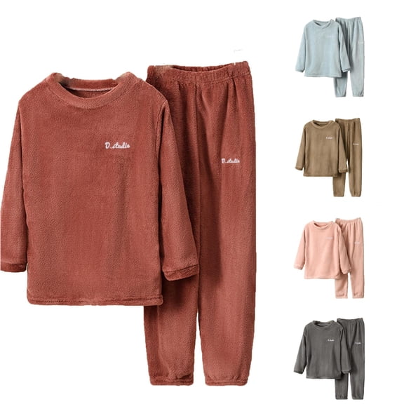 REDARER Boys Girls Solid Letter Embroidery PJs Long Sleeve Crew Neck Soft Flannel Elastic Pants Cozy Winter Kids Home Sleep Set,3-4 Years