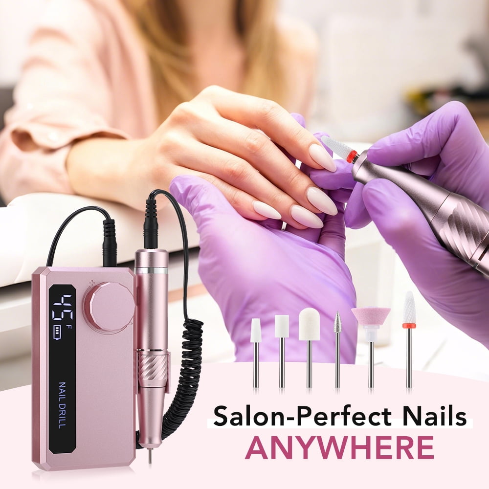 Professional Electric Nail Drill Electric File 45000RPM (Portable & Rechargeable) Portable Nail Drill Machine Kit for Manicure Pedicure Nail Set with Everything Lightweight LCD Display (Pink)
