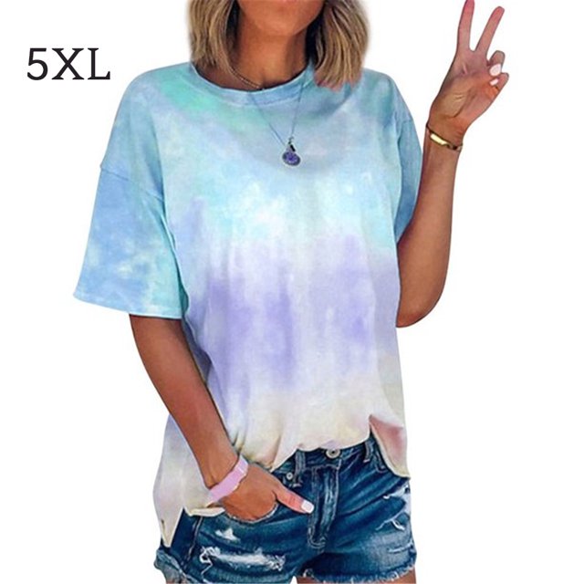 Camiseta de mujer, cuello redondo, manga corta, blusa con estampado tie-dye, azul cielo, 5XL Sweethay AP002435-20