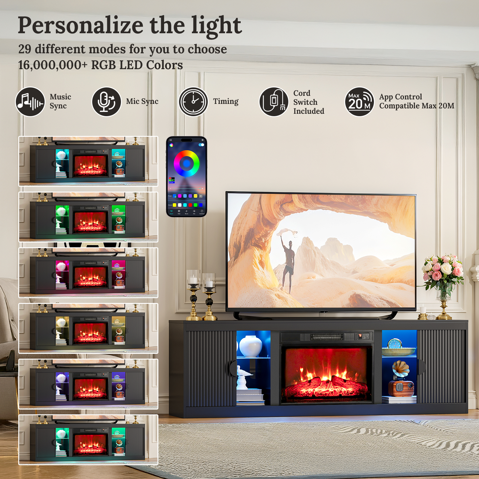 Holliwill 70" Fireplace TV Stand with LED Lights, Black photo 6