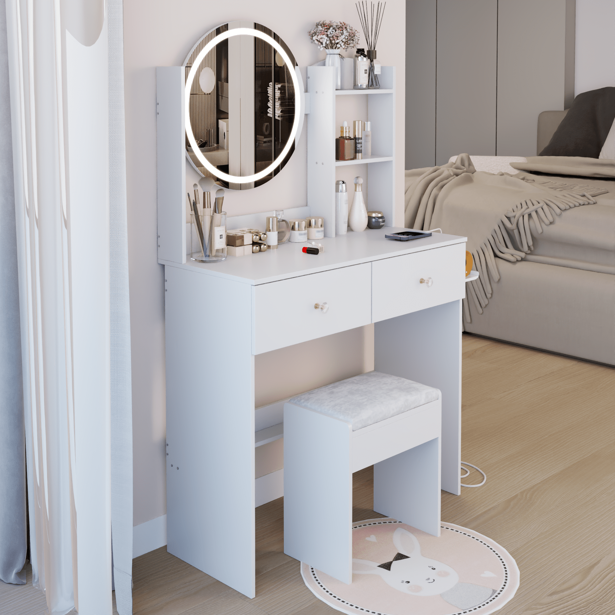 Leumius Makeup Vanity Desk with Mirror and Lights,Dressing Table with 2 Drawers,3 Color Lighting Brightness,Power Outlet & Hairdryer Holder,Spacious Drawer Makeup Table for Bedroom,White